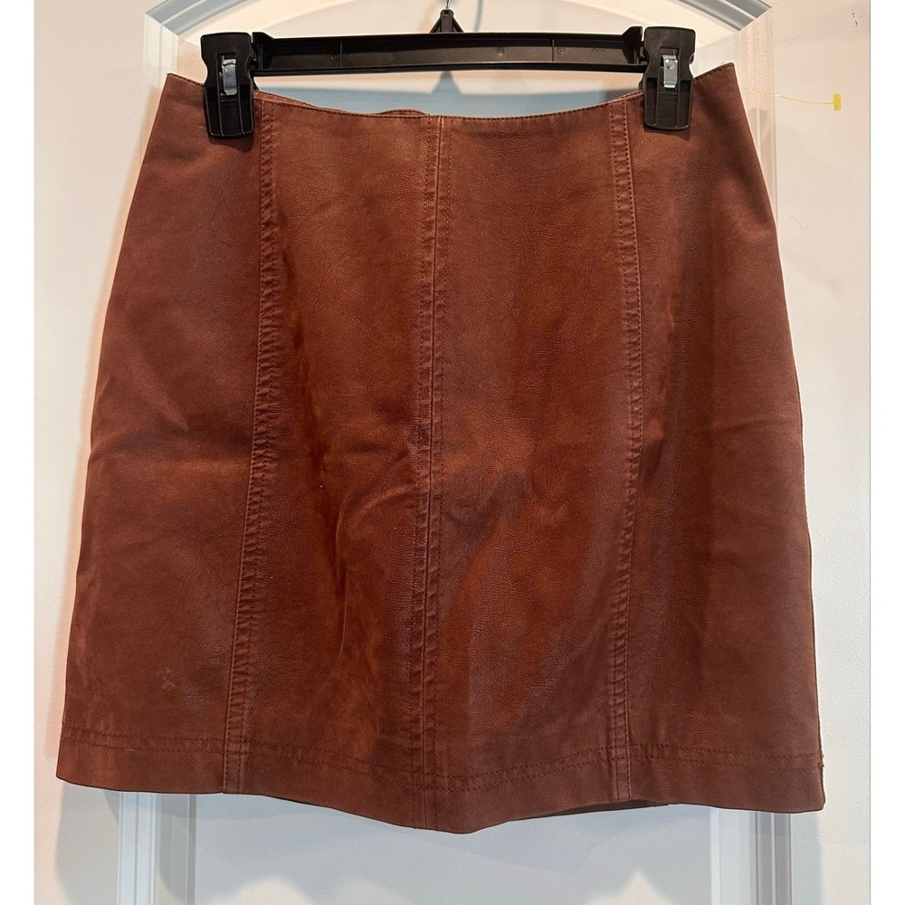 Free People Mini Skirt Women 6 Brown Excellent Vegan Leather A-Line Zip Back